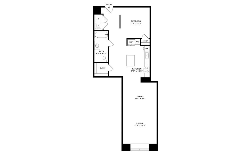 1F - 1 bedroom floorplan layout with 1 bathroom and 878 square feet (2D)