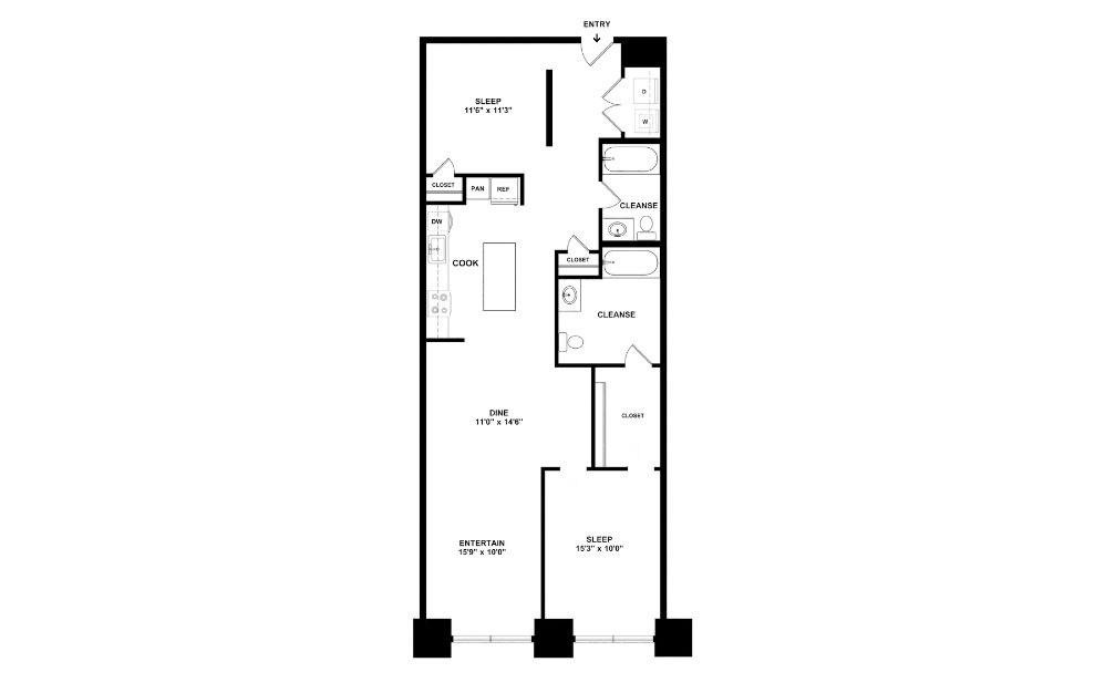 2A - 2 bedroom floorplan layout with 2 bathrooms and 1122 square feet (2D)