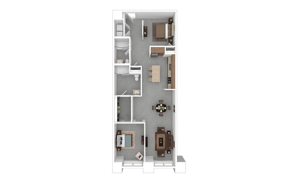 2B - 2 bedroom floorplan layout with 2 bathrooms and 1122 square feet (3D)