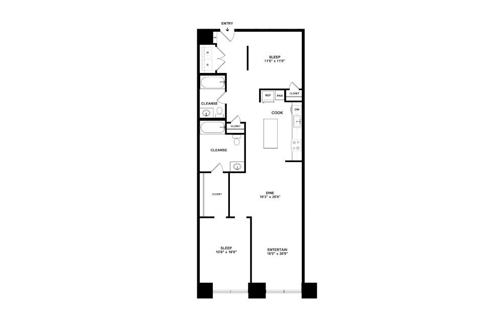 2B - 2 bedroom floorplan layout with 2 bathrooms and 1122 square feet (2D)