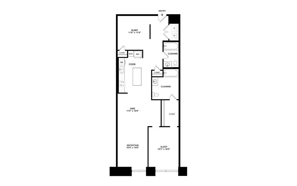 2C - 2 bedroom floorplan layout with 2 bathrooms and 1275 square feet (2D)
