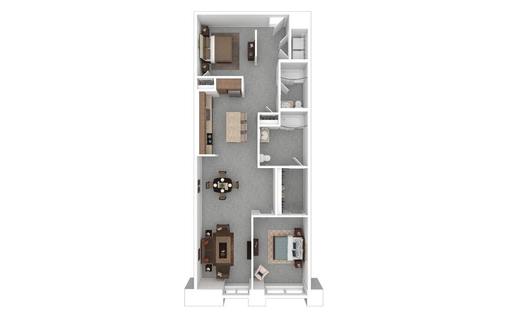 2C - 2 bedroom floorplan layout with 2 bathrooms and 1275 square feet (3D)