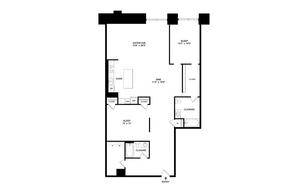 2D - 2 bedroom floorplan layout with 2 bathrooms and 1488 square feet (2D)