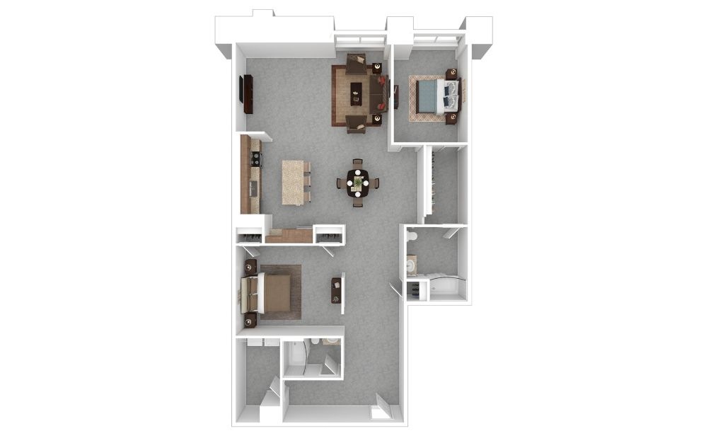 2D - 2 bedroom floorplan layout with 2 bathrooms and 1488 square feet (3D)