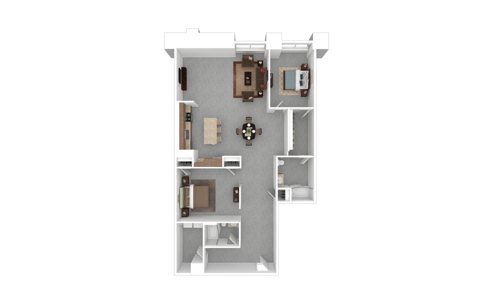2D with Doors - 2 bedroom floorplan layout with 2 bathrooms and 1488 square feet (3D)