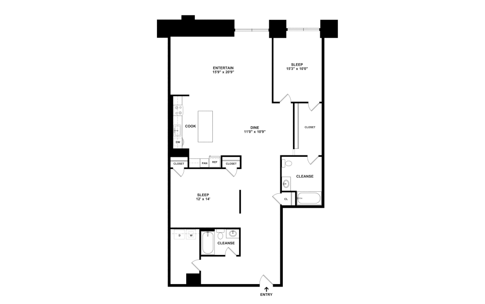 2D with Doors - 2 bedroom floorplan layout with 2 bathrooms and 1488 square feet (2D)
