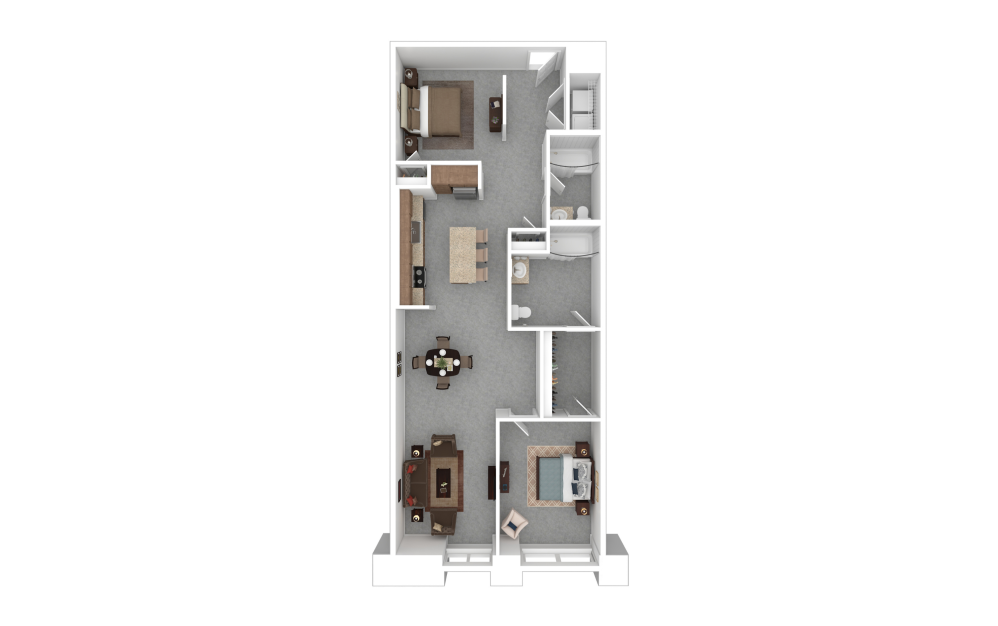 2C with Doors - 2 bedroom floorplan layout with 2 bathrooms and 1275 square feet (3D)