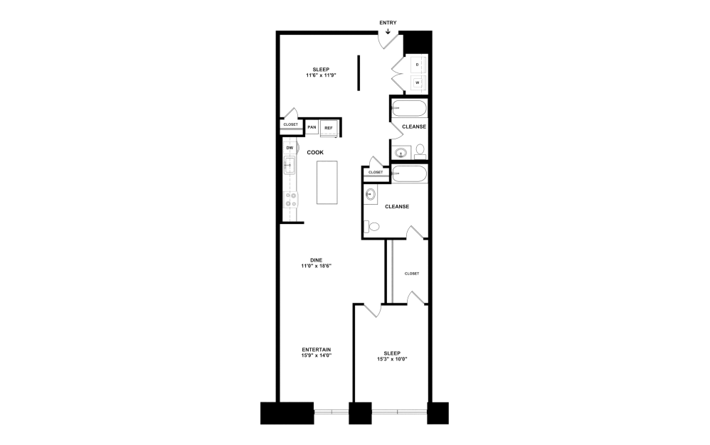 2C with Doors - 2 bedroom floorplan layout with 2 bathrooms and 1275 square feet (2D)