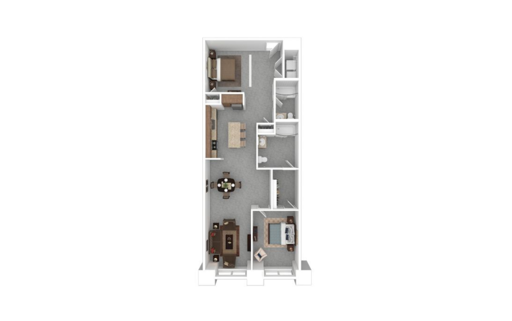2A with Doors - 2 bedroom floorplan layout with 2 bathrooms and 1122 square feet (3D)