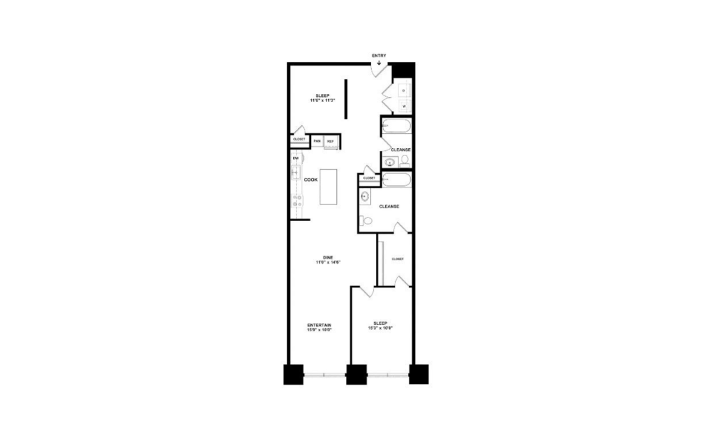 2A with Doors - 2 bedroom floorplan layout with 2 bathrooms and 1122 square feet (2D)