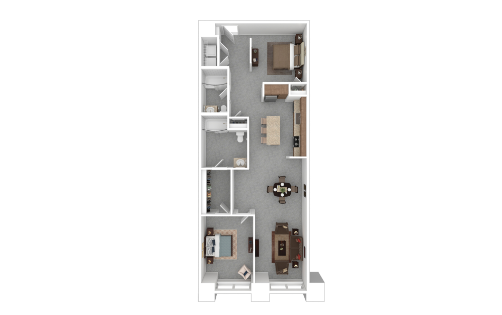 2B with Doors - 2 bedroom floorplan layout with 2 bathrooms and 1122 square feet (3D)