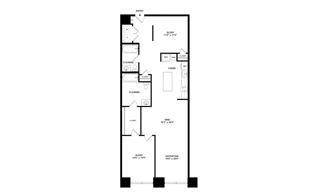 2B with Doors - 2 bedroom floorplan layout with 2 bathrooms and 1122 square feet (2D)