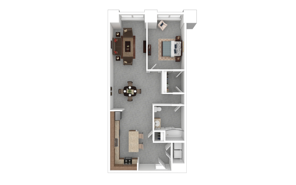 1A - 1 bedroom floorplan layout with 1 bathroom and 902 square feet (3D)