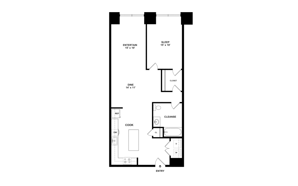 1A - 1 bedroom floorplan layout with 1 bathroom and 902 square feet (2D)