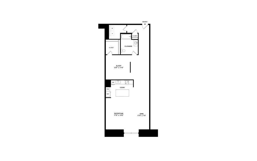 1D - 1 bedroom floorplan layout with 1 bathroom and 1122 square feet (2D)