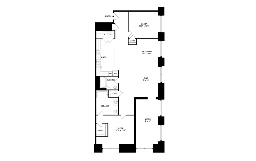 3B - 3 bedroom floorplan layout with 2 bathrooms and 1482 square feet (2D)