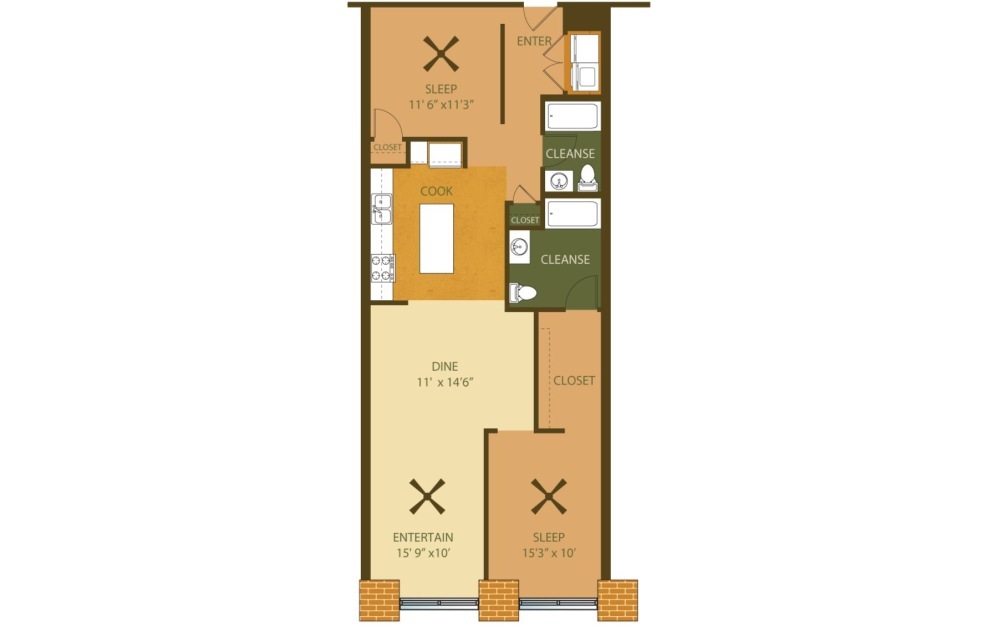 1DEN - 1 bedroom floorplan layout with 2 bathrooms and 1122 square feet